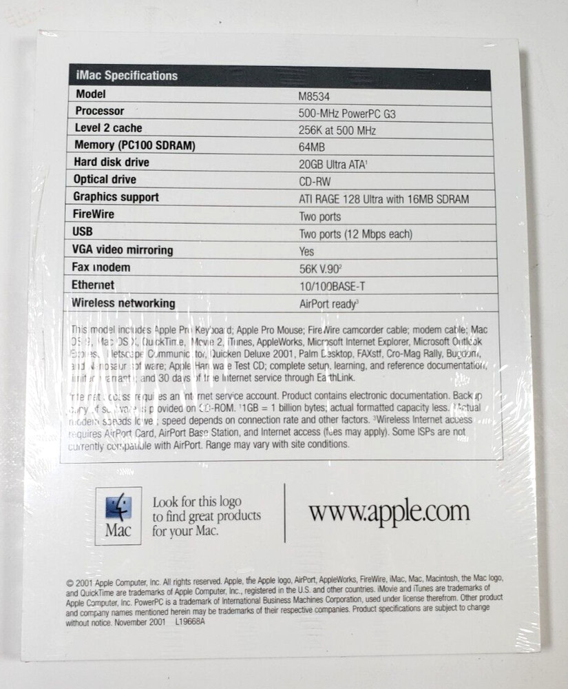 Sealed Bundle 2001 Apple Computer iMac "Fastest way to the Internet." Brochure