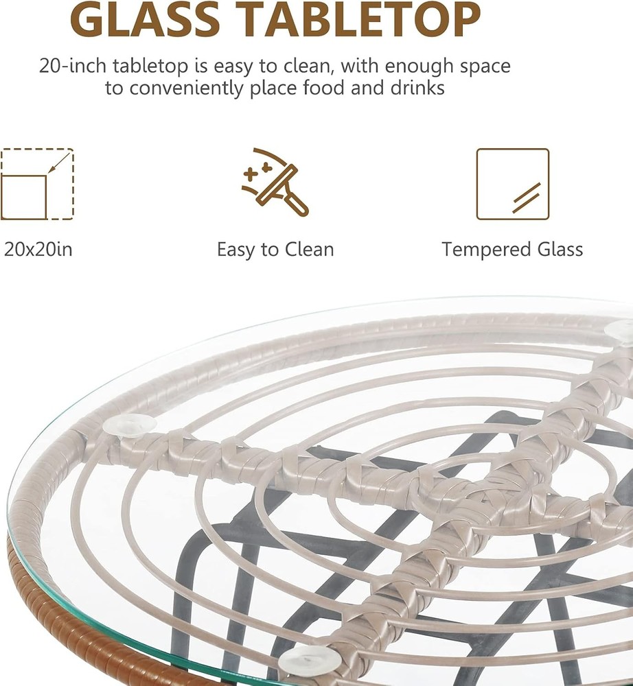 Wicker Bistro Set DORTALA 3 Piece Glass White