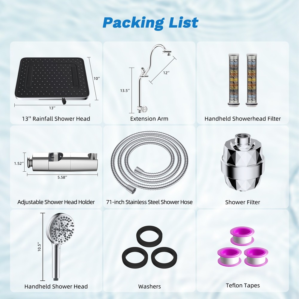 5-Spray 13" Rainfall Filtered Shower Head Combo with Handheld Spray Pause Mode