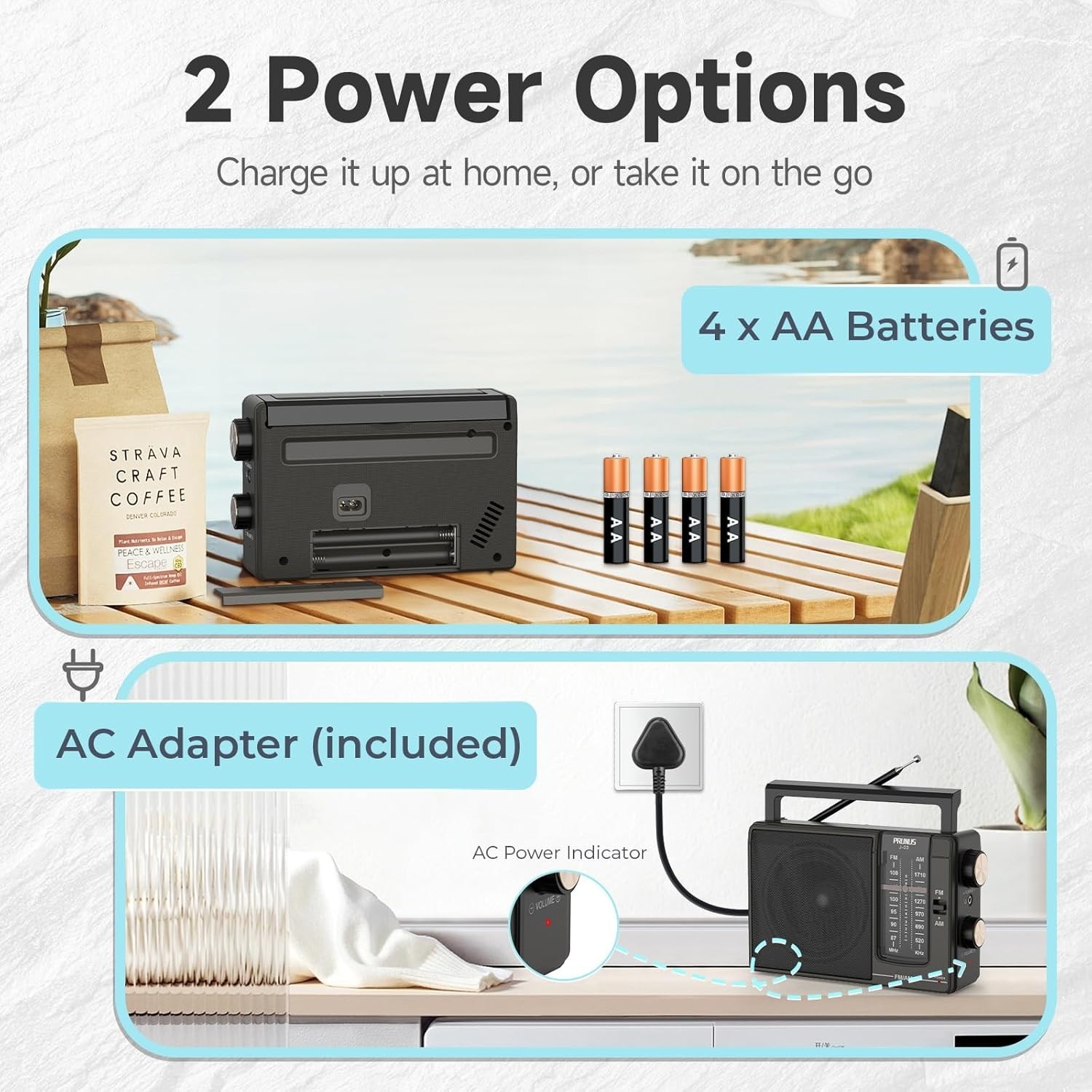 J-03 AM FM Radio Portable Plug in Wall or AA Battery Operated for Home/Outdoo...