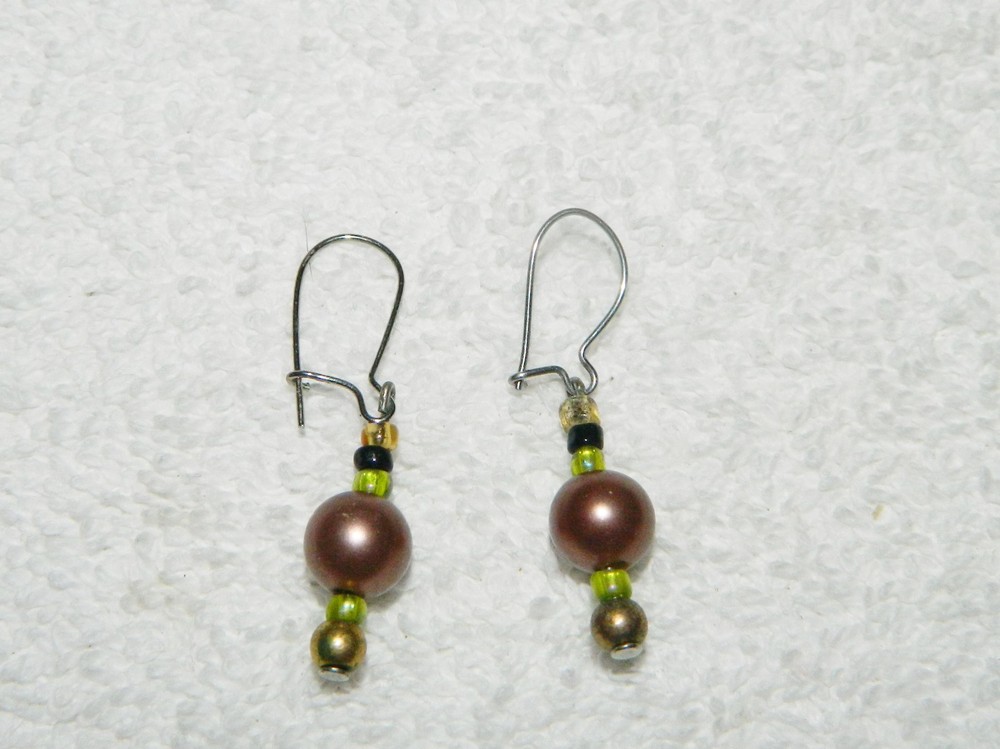 Green Brown & Black Bead Dangling Pierced Earrings