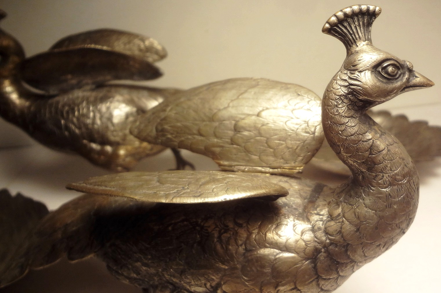 PR. ANTIQUE GERMAN SILVER full figure PEACOCK BON-BON serving TRAYS- HALLMARKED