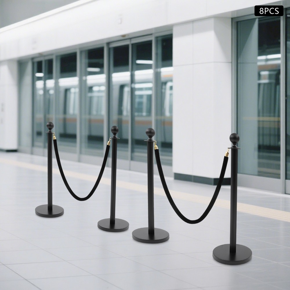 8PCS Stanchion Posts Queue Pole Black with 4 1.5M Ropes Crowd Control Barrier