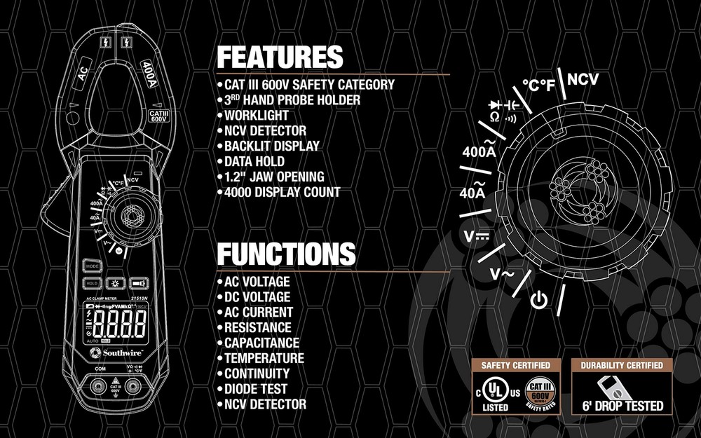 Southwire 21510N clamp meter; third-hand test probe holder; 400A AC current r...