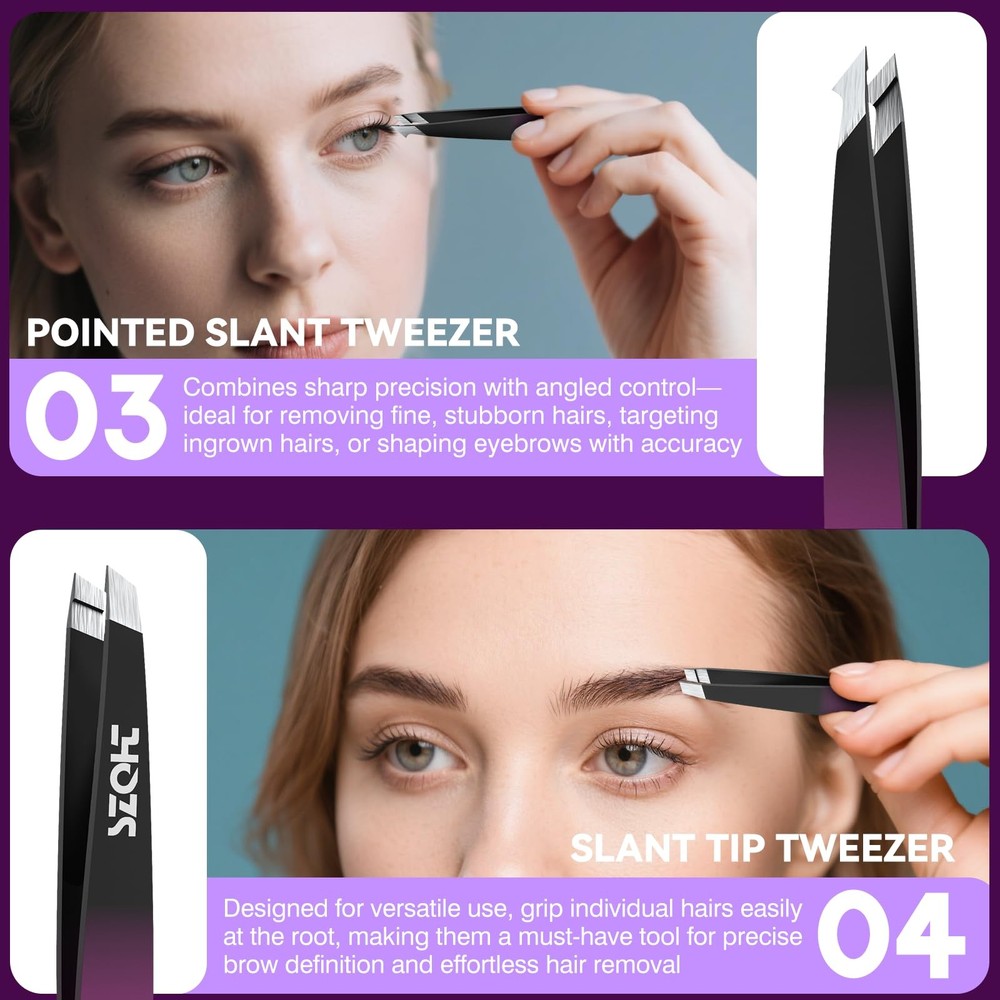 Professional Tweezers Set for Eyebrows – 4PC Precision Stainless Black-red