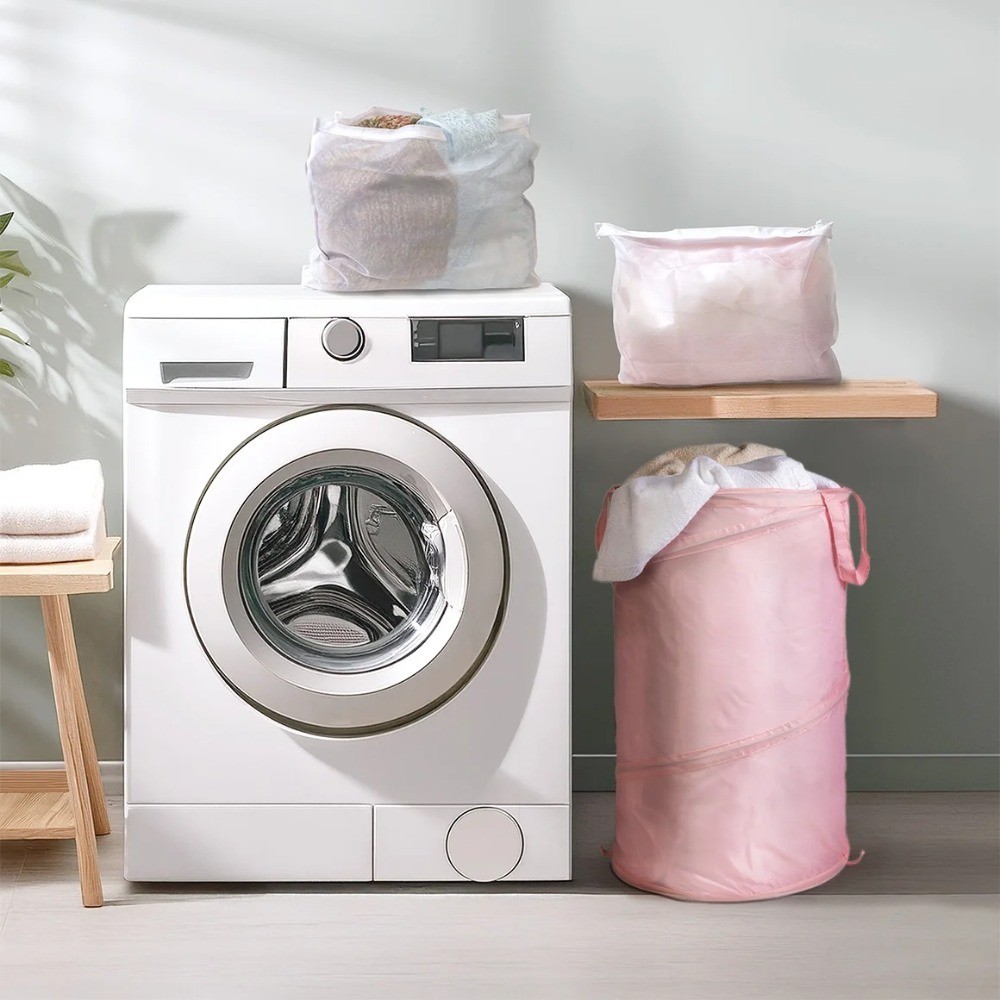 Up Spiral Laundry Hamper Pink Polyester Collapsible Clothes Basket