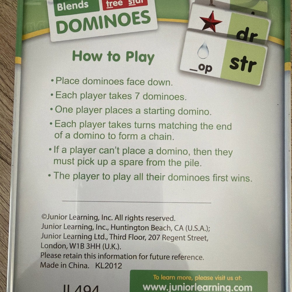 Blends Dominoes Phonics Blending Junior Learning 5+ Multi-Player 28 Pieces