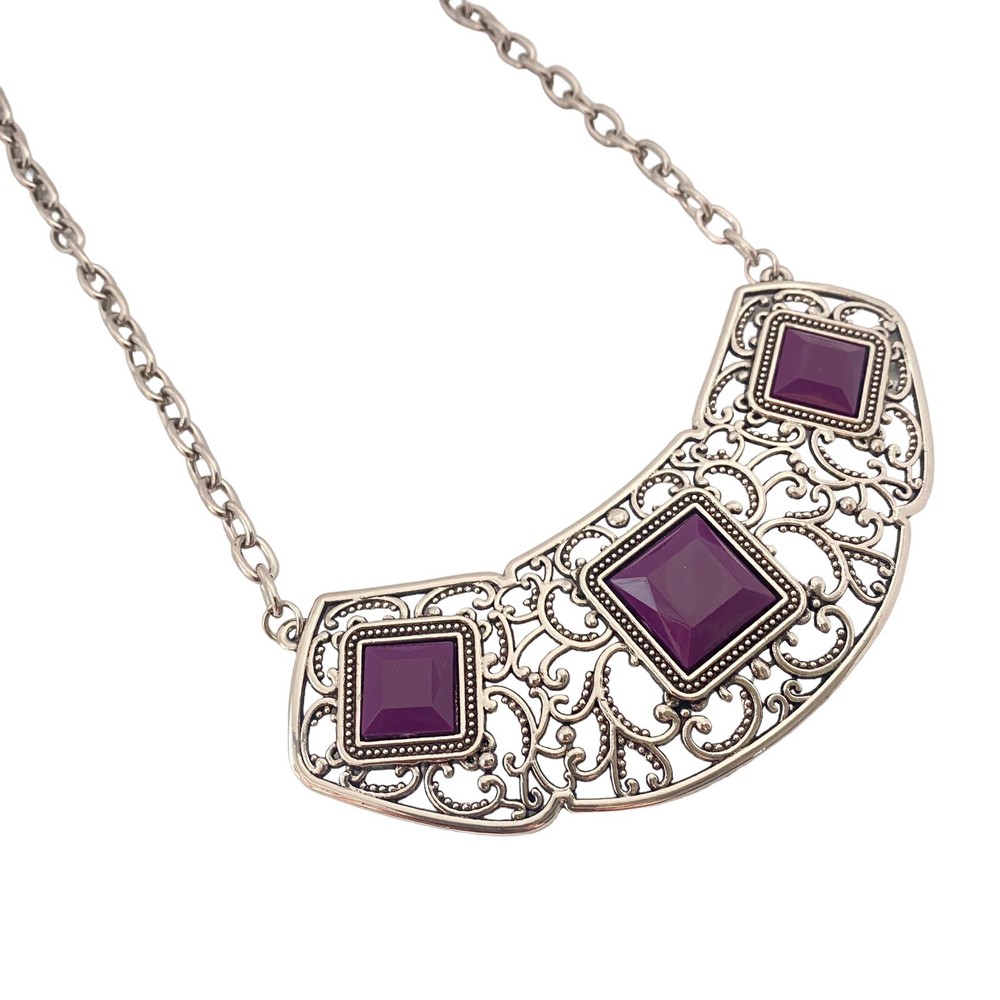 Silvertone Scroll Frame Link Chain Purple Square Pendant Bib Statement Necklace