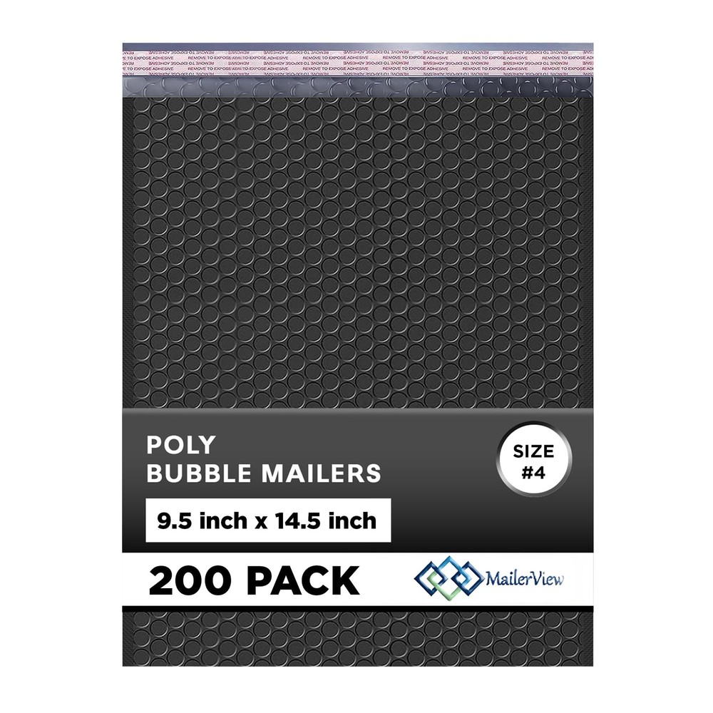 Black Large Poly Bubble Mailers 9.5x14.5 inch #4 | Self Seal Padded Envelopes Cu