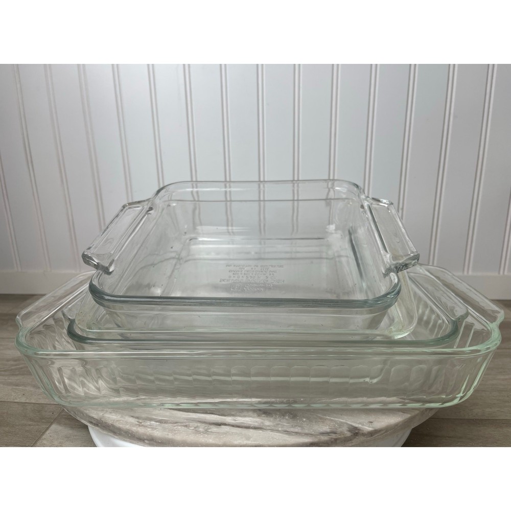 Pyrex VTG Borosilicate Bakeware Set 5pc Anchor Hocking Cake Stand Clear White