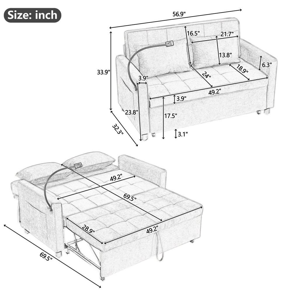 56.9'' Convertible Sleeper Sofa Bed Loveseat Sofa with Pull Out Bed & USB Ports
