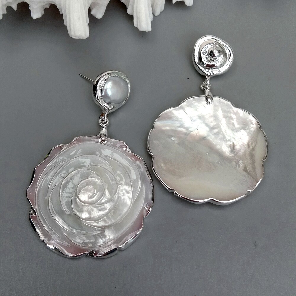 2.4'' White Pearl Shell Mop Carved Flower Dangle Stud Earrings