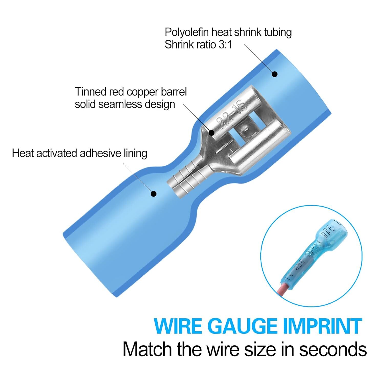100-500X Female Heat Shrink Spade Wire Connectors 16-14 AWG Crimp Terminals Blue