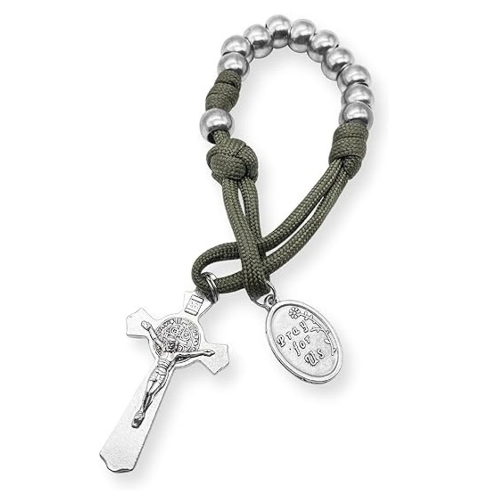 One Decade Military Paracord Rosary Silver Beads Pocket Rosary St. Joseph Medal