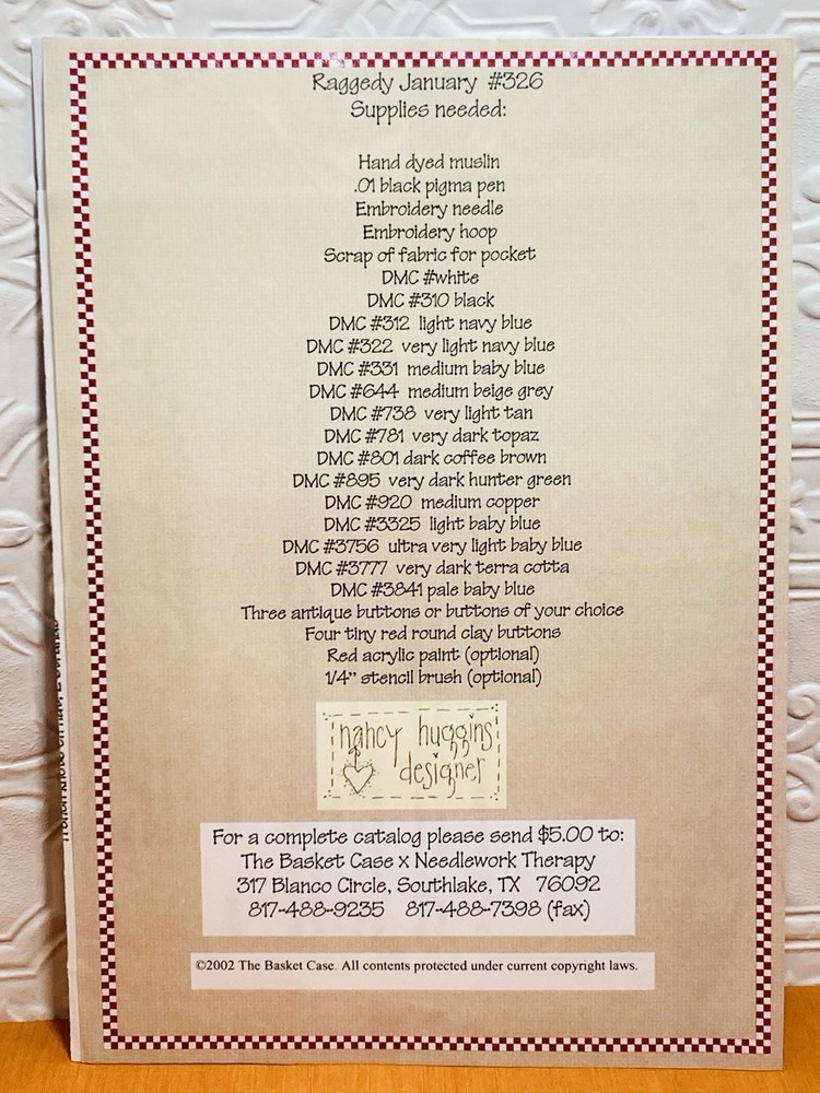 Basket Case Needlework Therapy Raggedy January Primitive Pattern Embroidery