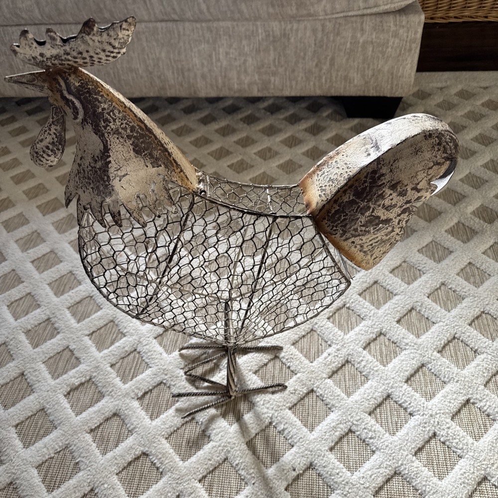 Rustic Rooster Metal & Chicken wire Egg Container. White Washed Design. 20” Tall