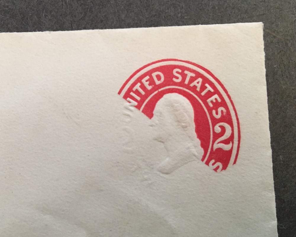 US #U411 2¢ missing carmine on white FREAK PRINTING error