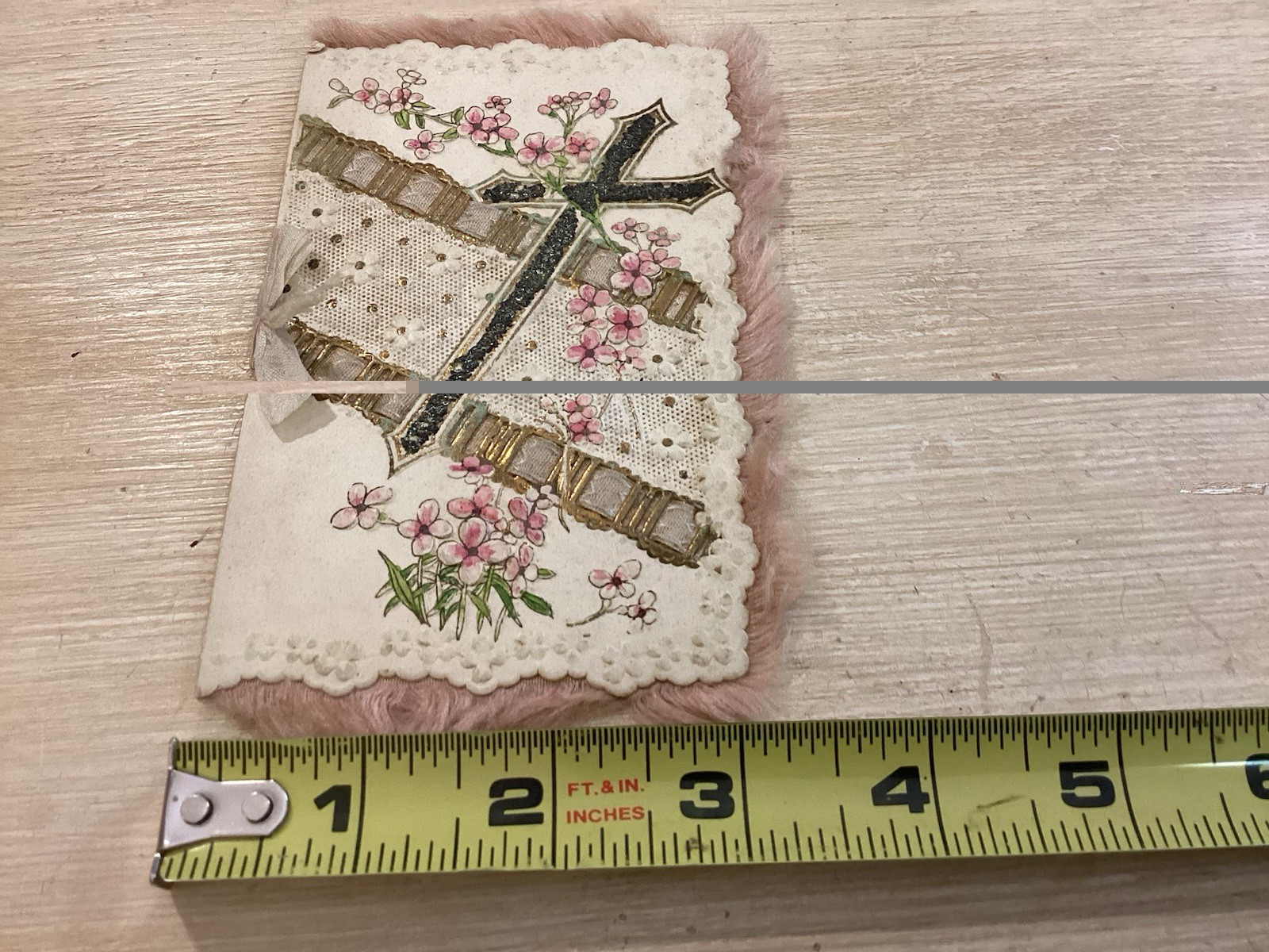 Beautiful French 1 St Communion Card Ribbon Bow Cross Glitter