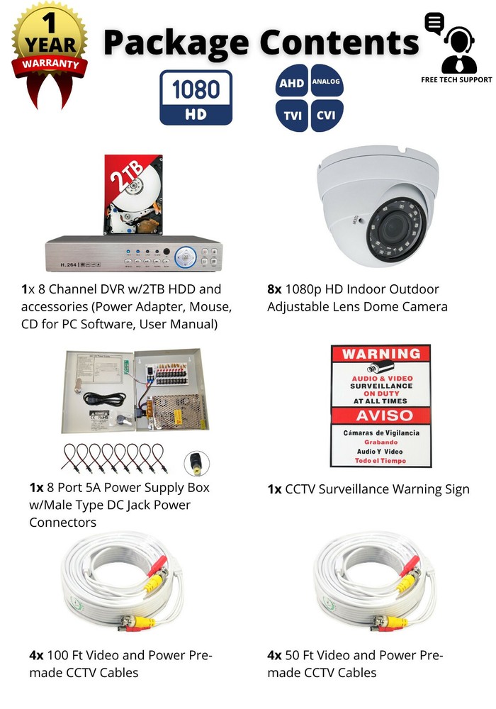 8 Channel HD CCTV Security Dome Camera System 2TB Recording Storage Remote View