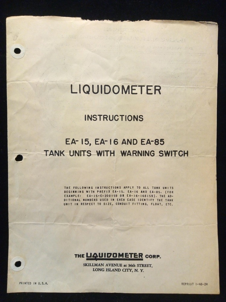 EA-15 EA-16 EA-85 Tank Units Warning Switch Liquidometer Instructions / Manual