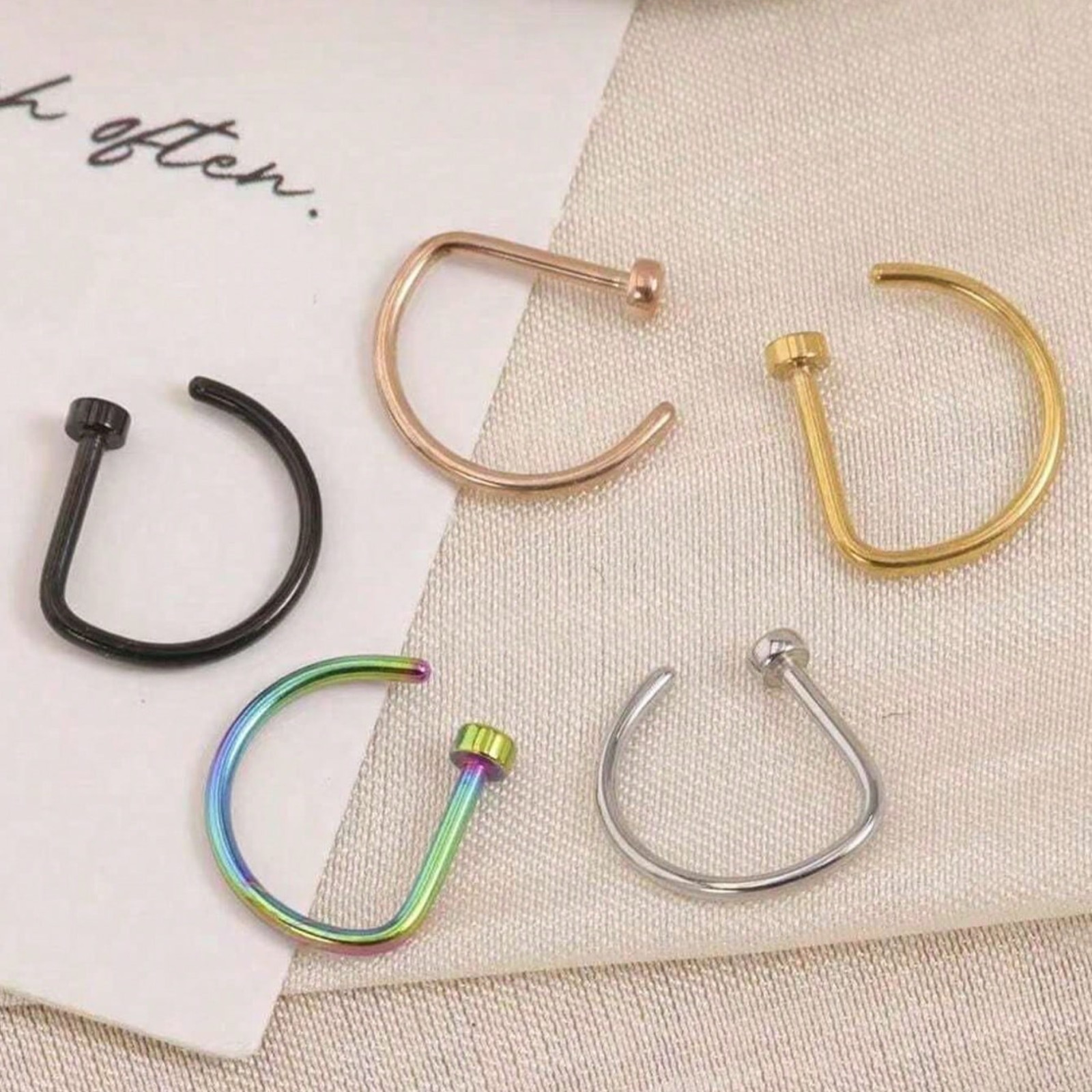 5Pcs Stainless Steel Fake Piercing Nose Ring D-Shape Punk Non Piercing Nose Clip
