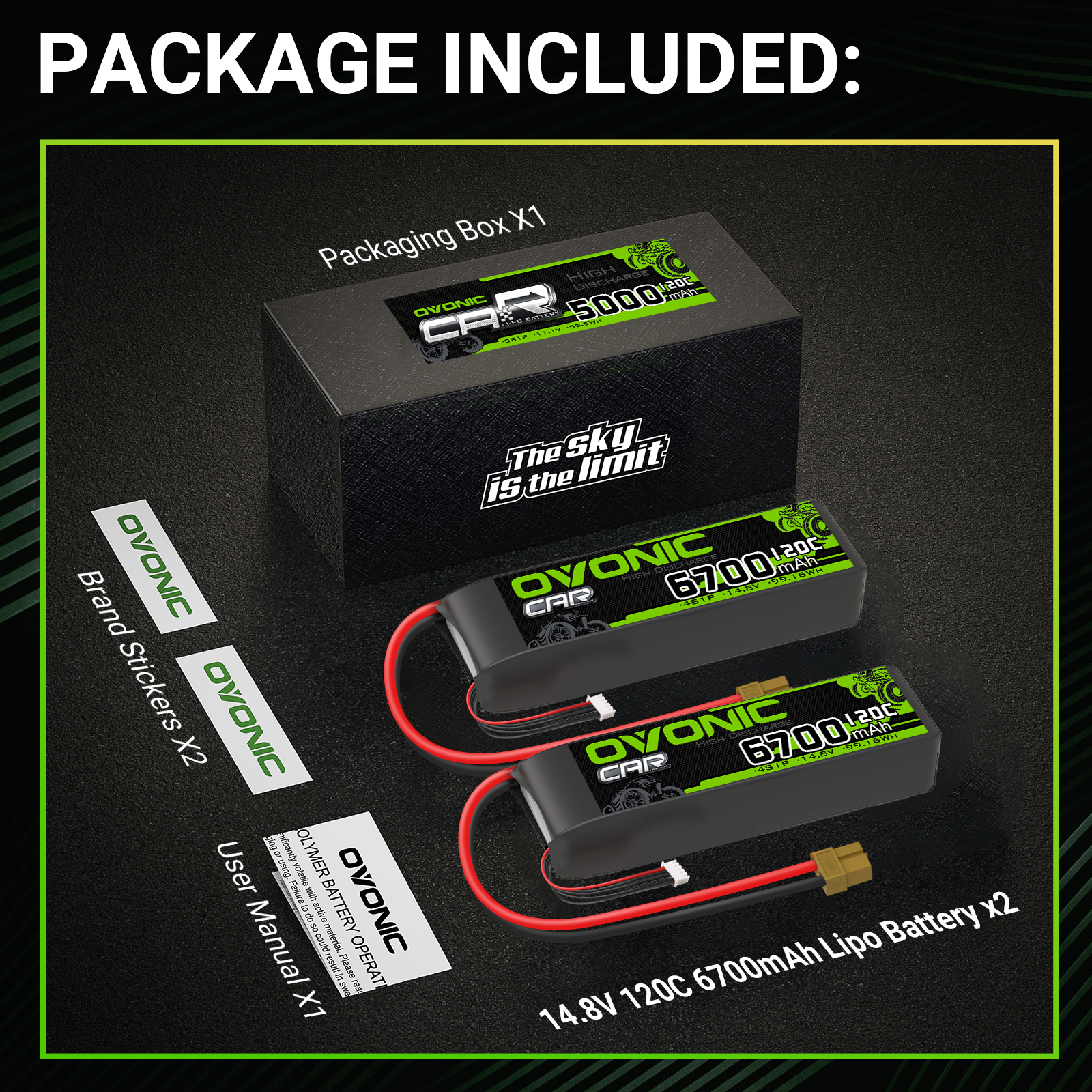 2X Ovonic 14.8V 120C 4S 6700mAh LiPo Batteries XT60-TRX for Trx xmax RC Car boat