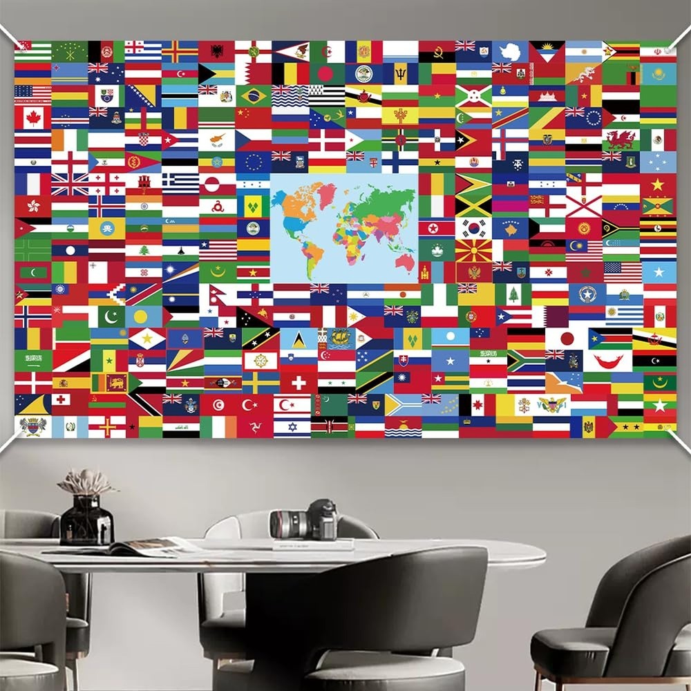 World Flags Banner - 5x3ft Polyester International Flag Backdrop with String ...