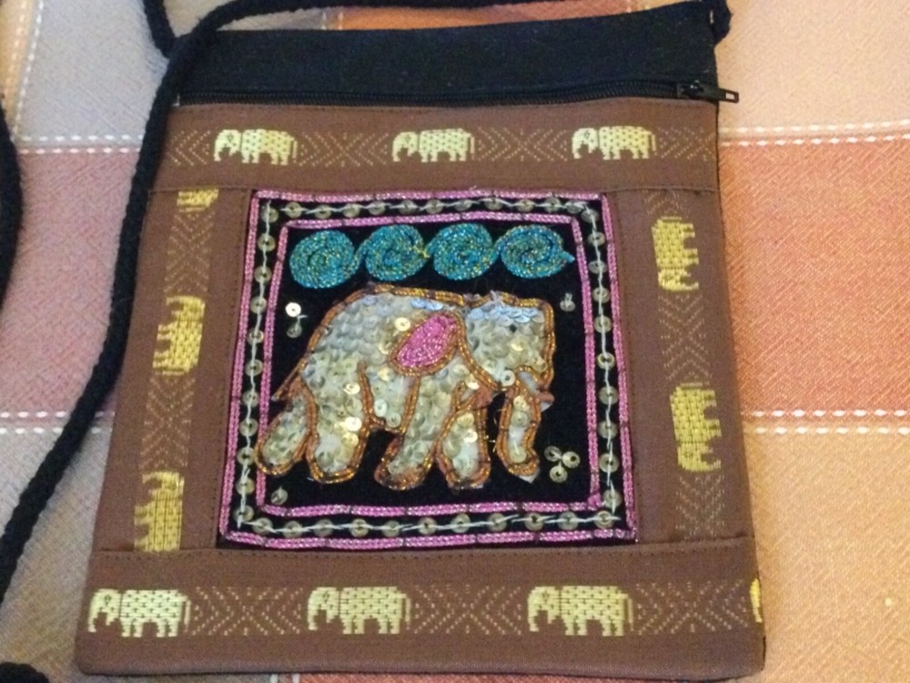 Square Boho Pouch Puffy Elephant w/Sequins Black Cord Strap