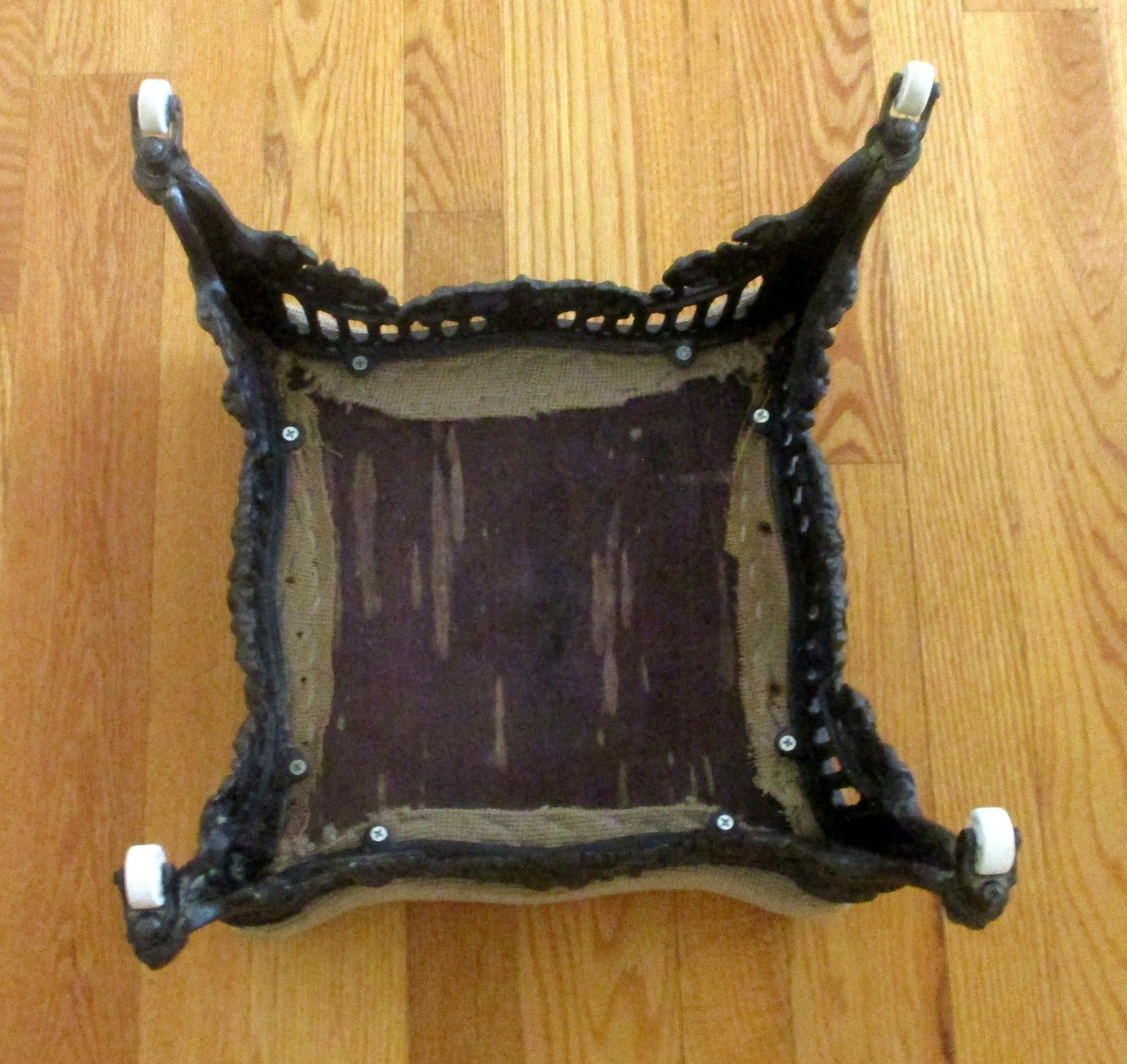 Atq Victorian Cast Iron Footstool Ottoman Ornate Rococo Base Floral Needlepoint