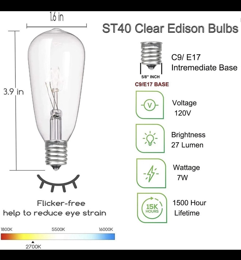 10 Pack Edison Replacement Light Bulbs for Outdoor String Lights, ST40 7W E17 Ba