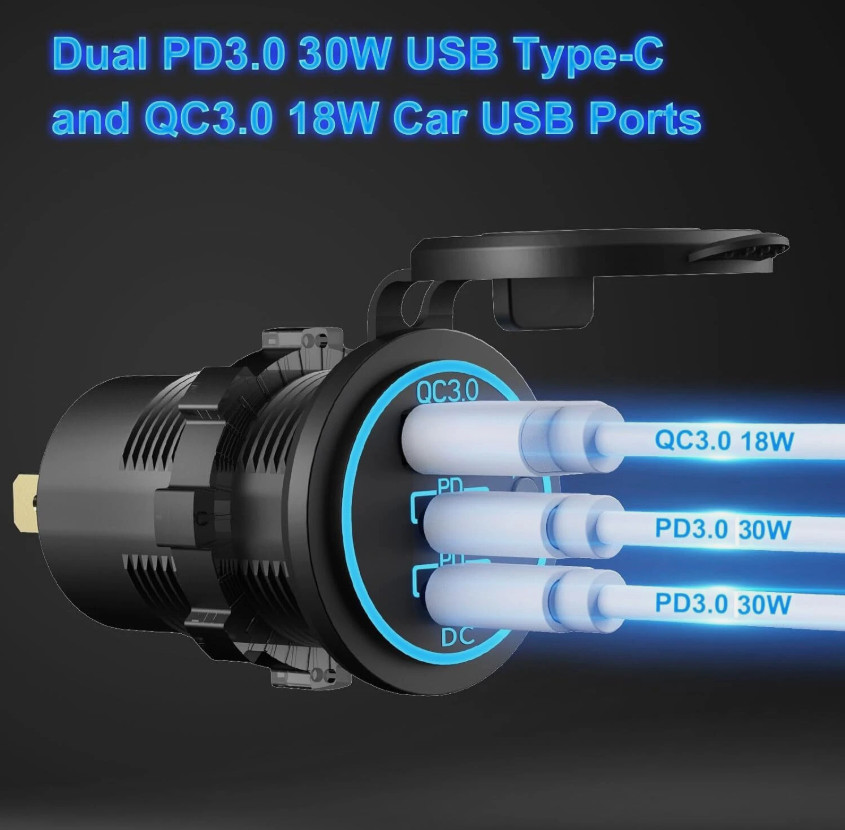 12V-24V QC3.0 + PD USB C Car Fast Charger Power Socket Outlet for Boat RV Marine