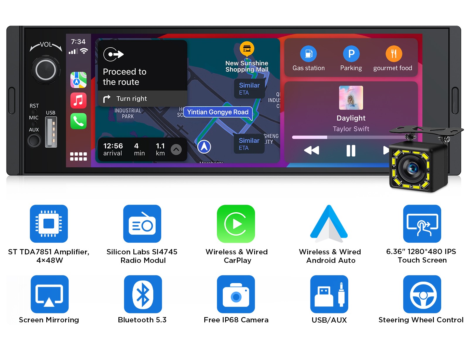 Wireless CarPlay Android Auto 6.36" 1DIN Receiver w/ Bluetooth 5.3 RDS AM/FM USB