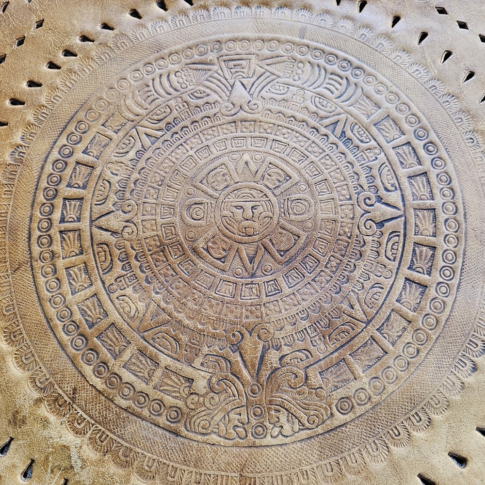 Vtg Aztec Calendar Tooled Leather Seat Cushion