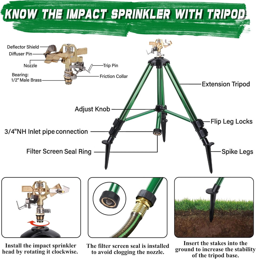 Impact Sprinkler on Tripod Base Brass Head Adjustable 360° Large Area Coverage
