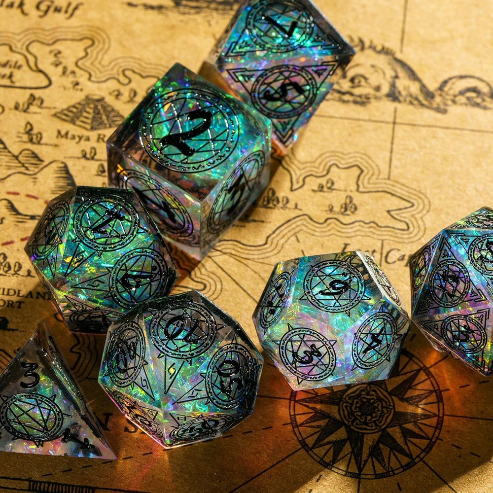 7-Die Sharp Edges DND Dice Set, Magic Circle Pattern Polyhedral D&D Dice Set for