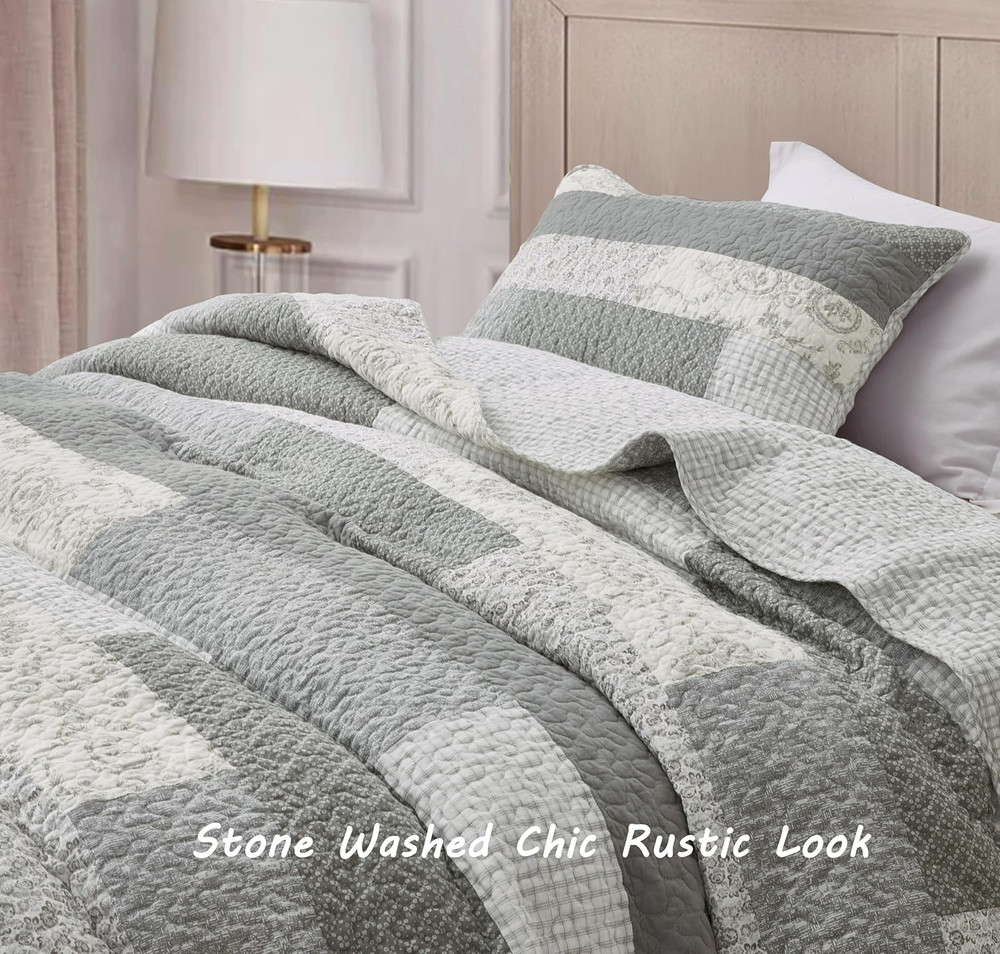 Caleb 3-Piece Muted Gray White Ivory Floral Plaid Rectangular Patchwork Quilt Se