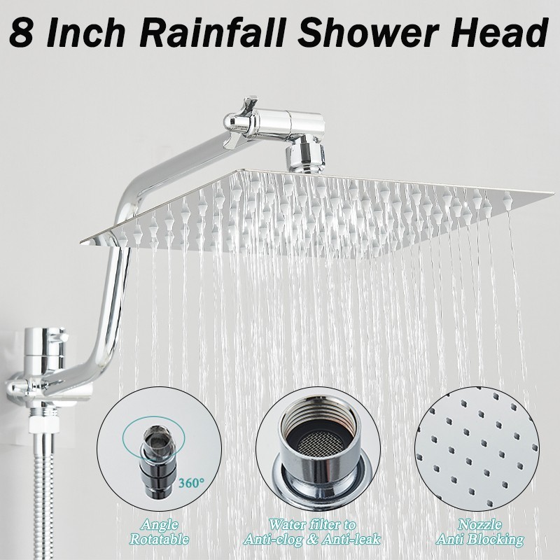 Chrome 8"High Pressure Rain Shower Head with Handheld Spray Combo Adjustable Arm