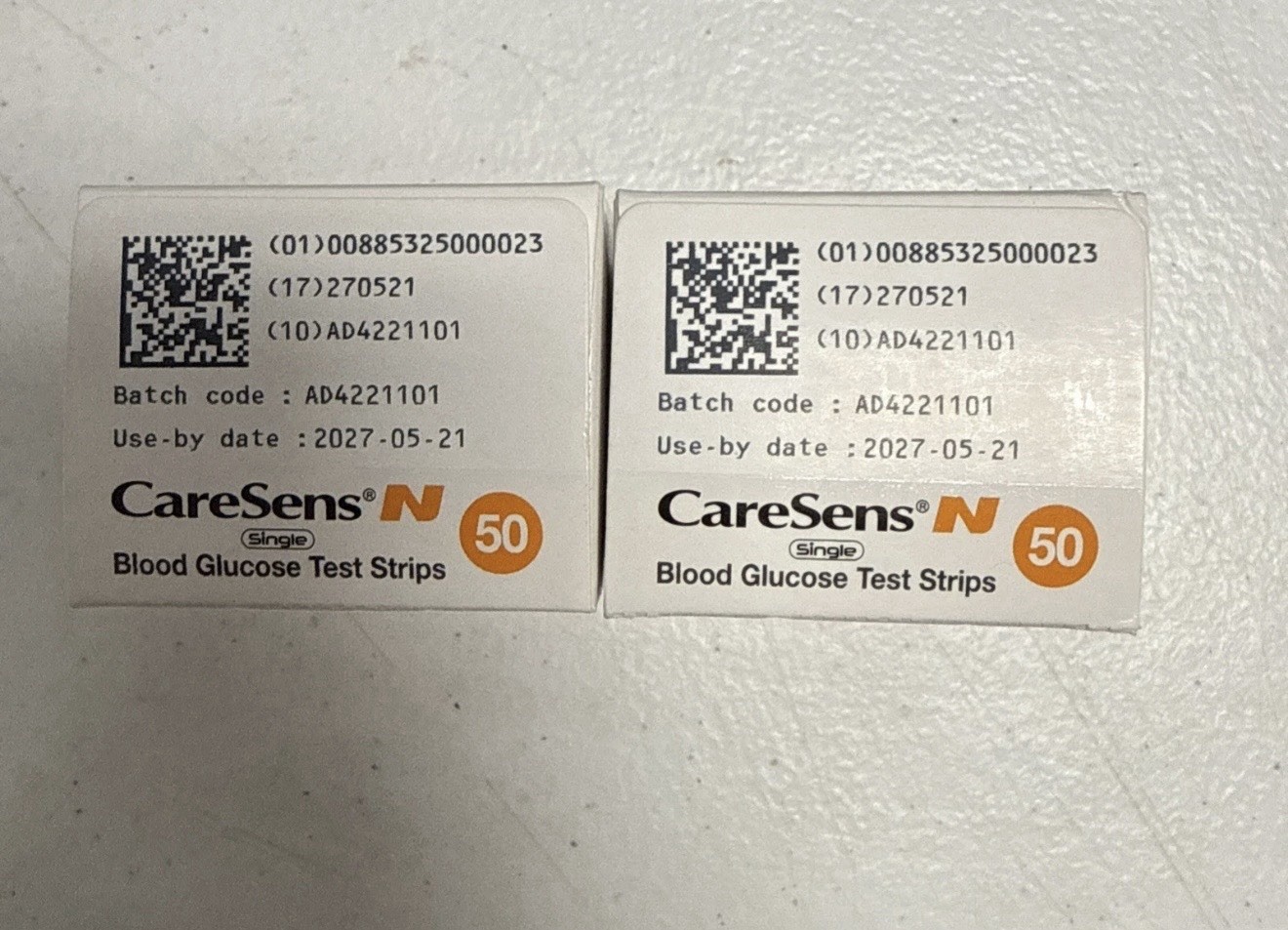 100 CARESENS N GLUCOSE TEST STRIPS,2 BOXES OF 50, EXP 5-27, SEALED BOXES