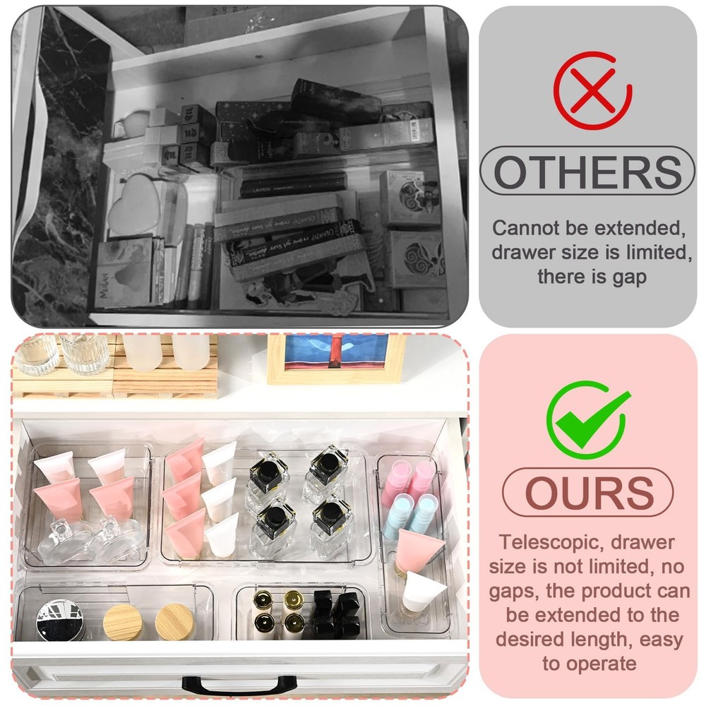 15 Pcs Extendable Clear Drawer Organizer All Adjustable Vanity Storage Box 2