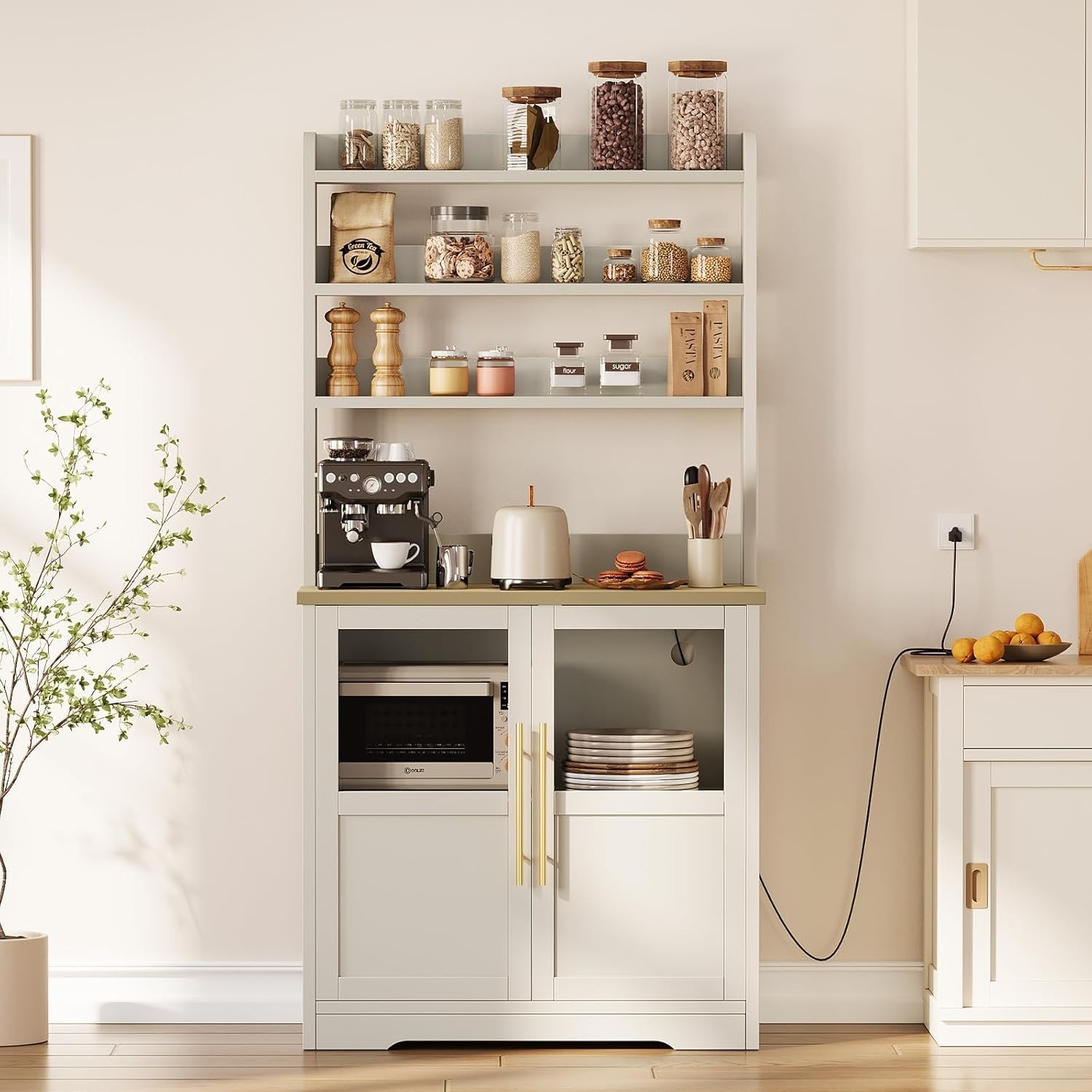 Freestanding 6-Tier Microwave Stand Bakers Rack with Power Outlet Door Storage