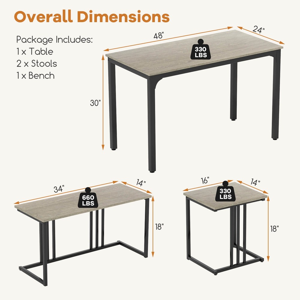 4-Piece Dining Table Set Industrial Kitchen Table Set W/ Bench & 2 Stools for 4