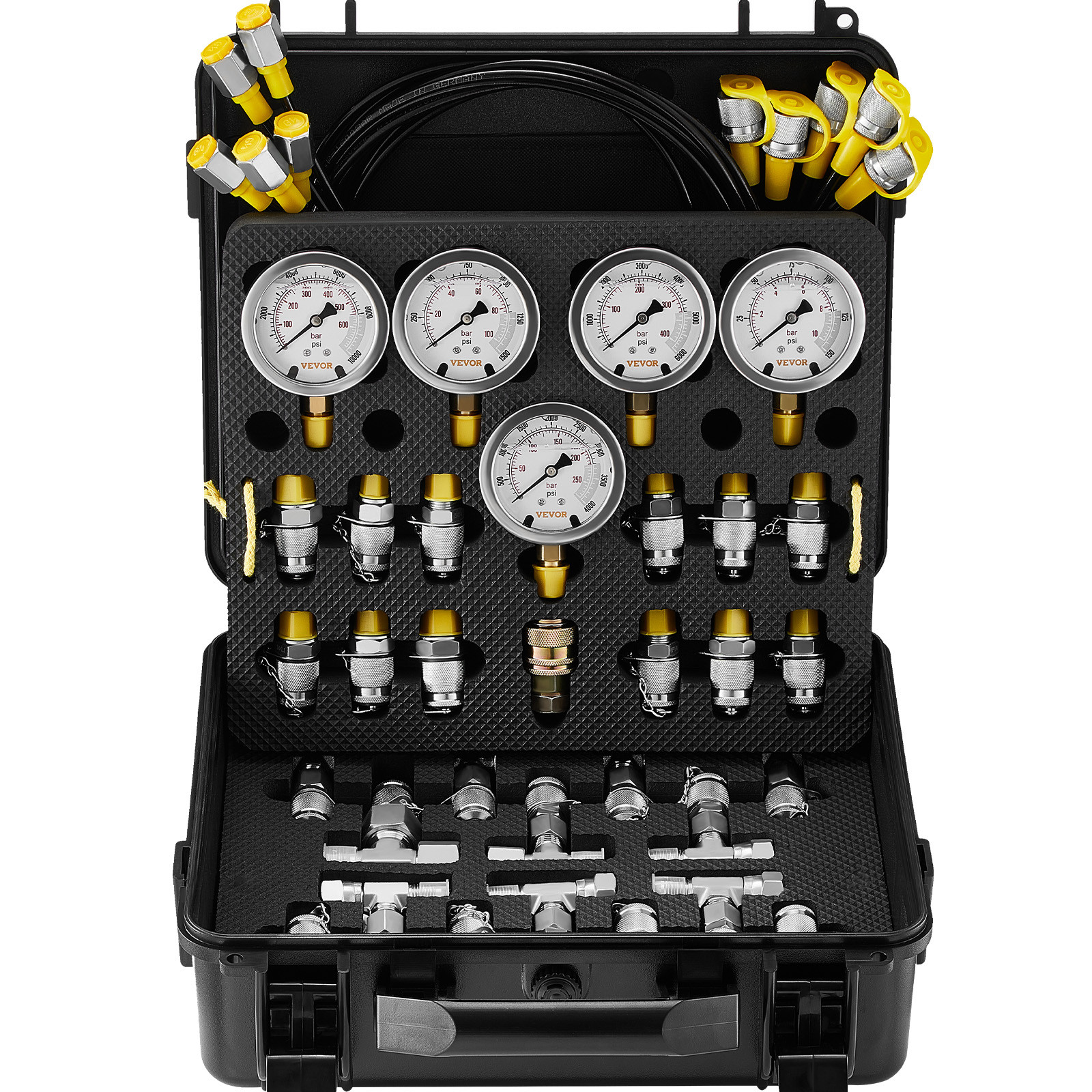 Hydraulic Pressure Test Kit 5 Gauges 13 Couplings 14 Tee Connectors 5 Hose