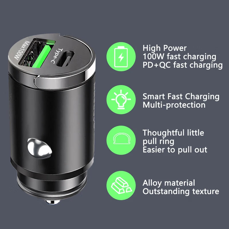 Plug Type: KR - Mini 100W USB Car Charger Dual Ports Pull Ring Fast Charge Type