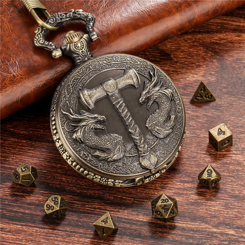 7pcs Metal Polyhedral Dice Tiny DND Dice Set in Steampunk Dragon Case w/ Chain