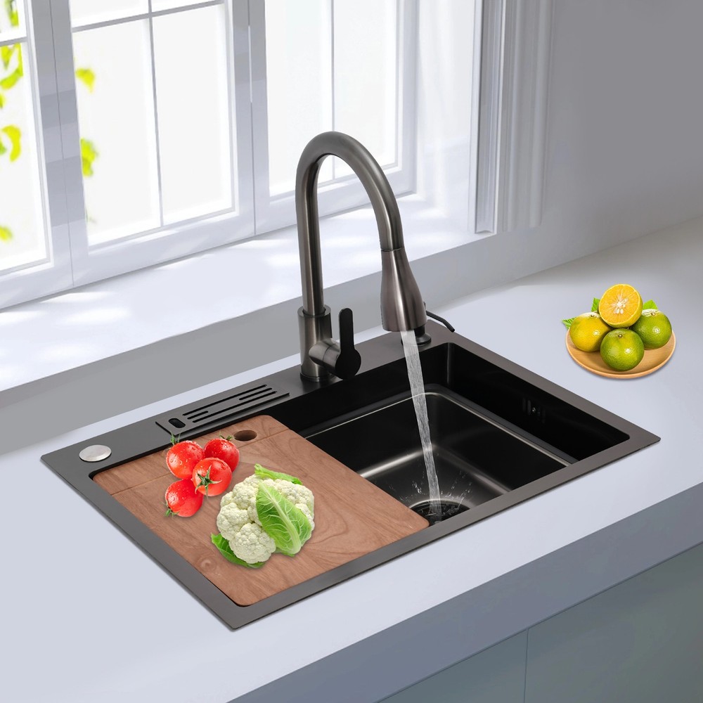 Kitchen Sink Stainless Steel Multifunctional Rectangular Sink w/ Pull-out Faucet