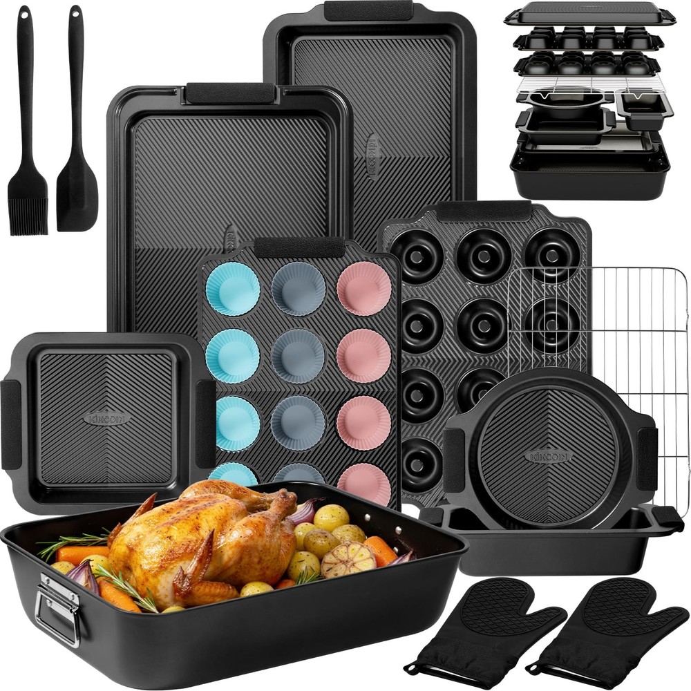 25 PCS Stackable Baking Pans Set, Non-stick Bakeware Sets with Silicone Handl...