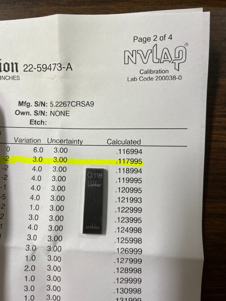 .118" Starrett-Webber Gage Block with certification