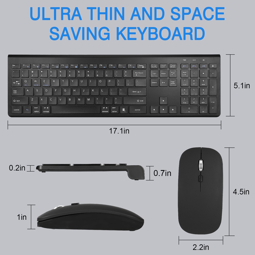 Plug & Play Compact Rechargeable Wireless Bluetooth & 2.4Ghz Full Size Keyboard