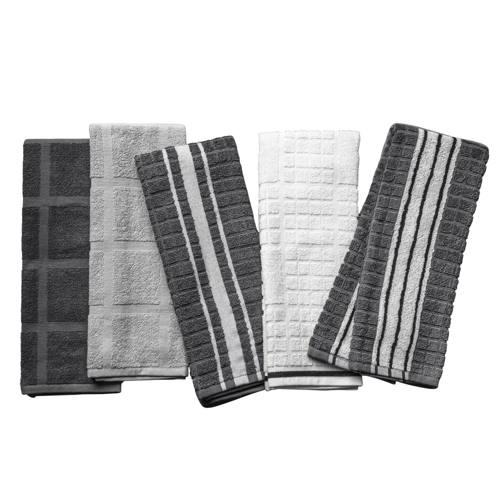 Kitchen Towels, Gray & White, 5 Pack Set