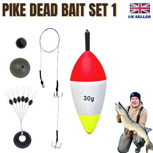 Dead Bait Pike Zander Perch FLOAT Fishing SET Including Trace Hooks Float PIKE
